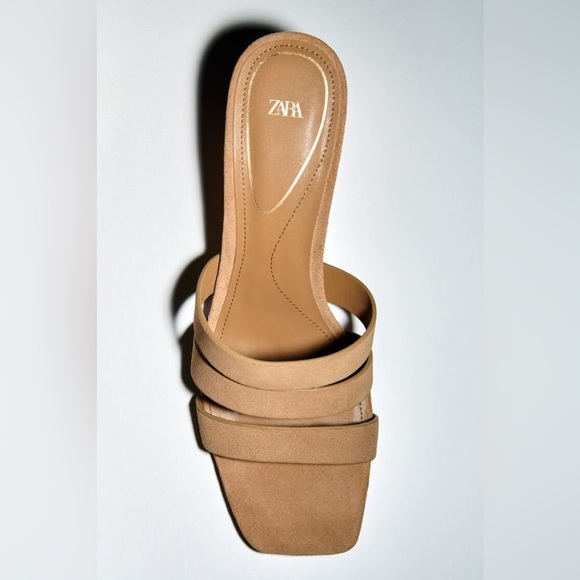 NWT. Zara Tan Split Suede Middle Heel Strappy Sandals. Size 9. - Picture 6 of 11